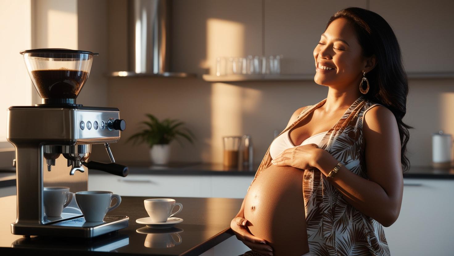 Schwangere Frau genießt entkoffeiniertek kaffee von OHNE in weißer Tasse